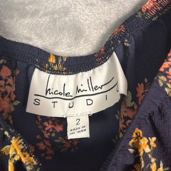 Nicole Miller Studio Navy Floral Peasant Midi Off the Shoulder Dress Size 2 - Picture 6 of 11